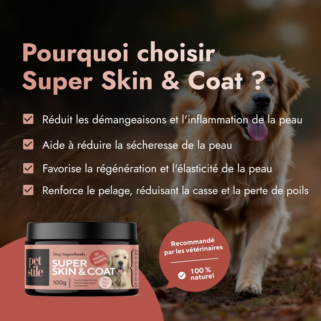 Super Skin & Coat Omega 3 pour Chiens – Peau Saine & Pelage Brillant avec Oméga-6, Zinc, Biotine, Vitamine E & Huile de Poisson – Réduit Démangeaisons & Perte de Poils (100 g (Paquet de 3))