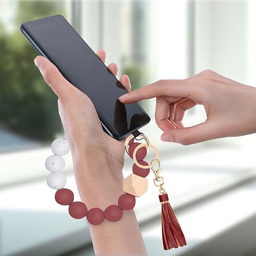 Miniatura 7 de Correa de silicona con cuentas para teléfono, correa para teléfono con pestaña de sujeción, correa elástica para manos libres para teléfono (carmesí)