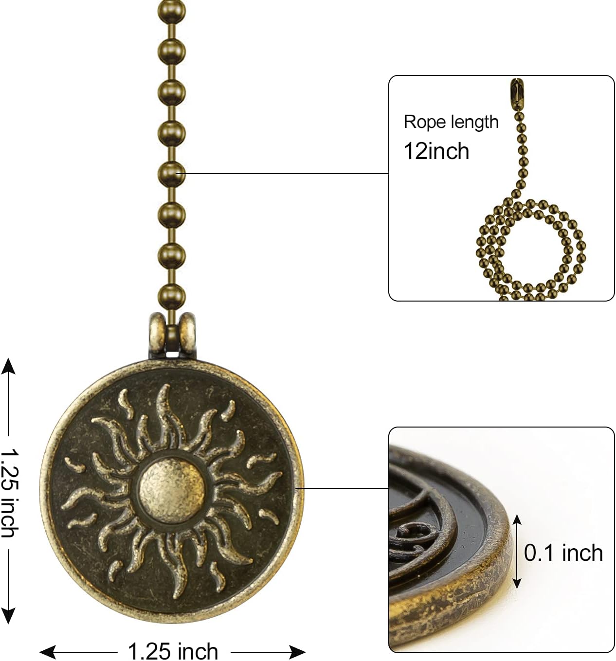 Ceiling Fan Pull Chains - 4 Pieces Copper Extension Fan, Lighting, Lamp Pull Chain Decorative Extender Ornament 12 Inch in Length, with Decorative Totem Beaded Ball Fan Chain Connector, Moon and Sun