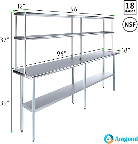 Miniatura 10 de Amgood Mesa de trabajo de acero inoxidable con estante superior de doble nivel  Combo de mesa de preparación de cocina y estantes de metal  NSF