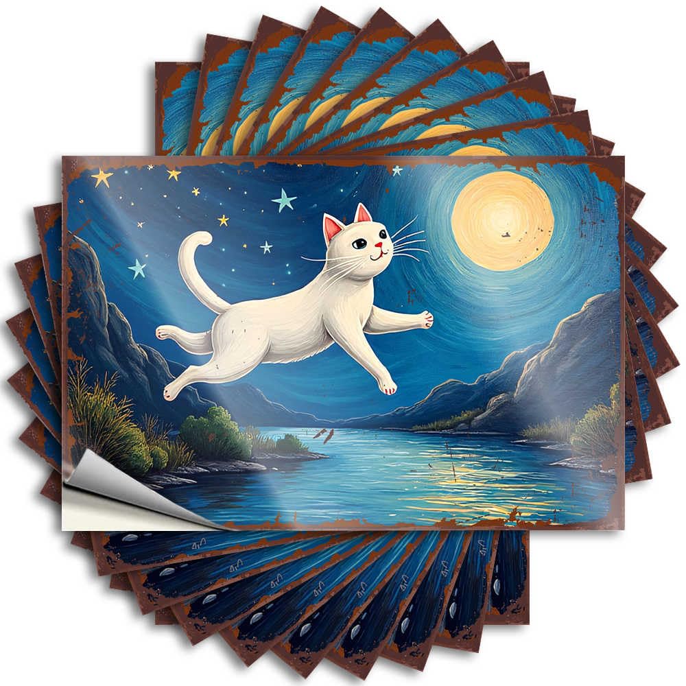 Floating Cat Under A Starry Night Sky Small Room Decor Square - Tattoos Door Waterproof Decal(6X9CM)