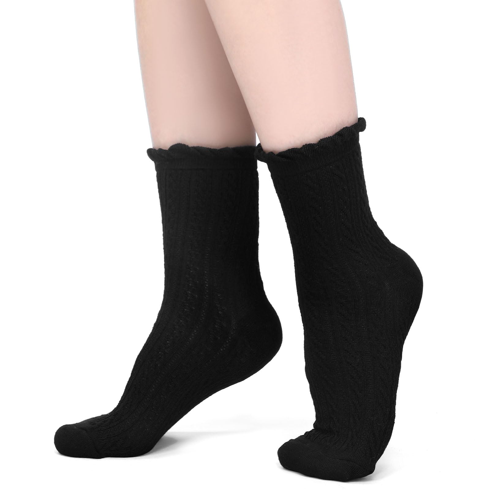 Geyoga 5 Pairs Ankle Ruffle Socks for Women Cute Cotton Soft Breathable Cool Crew Frilly Plush Socks: Black