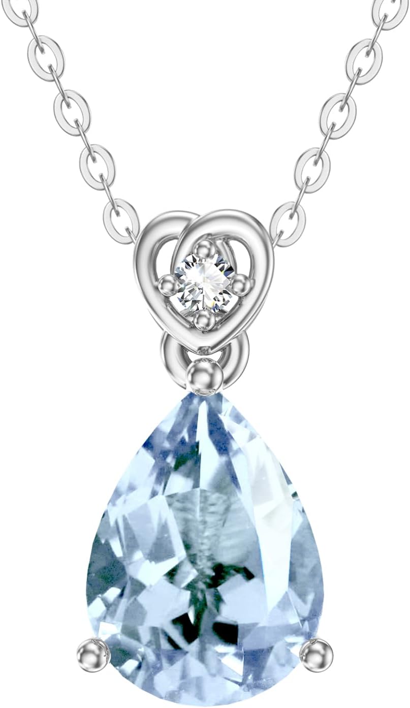 14k Gold Pear Gemstone Birthstone Necklace with Real Diamond(I2-I3 Clarity),2 Carat Teardrop Created Birthstone Anniversary Birthday Mother's Day Necklaces for Women Mom Her