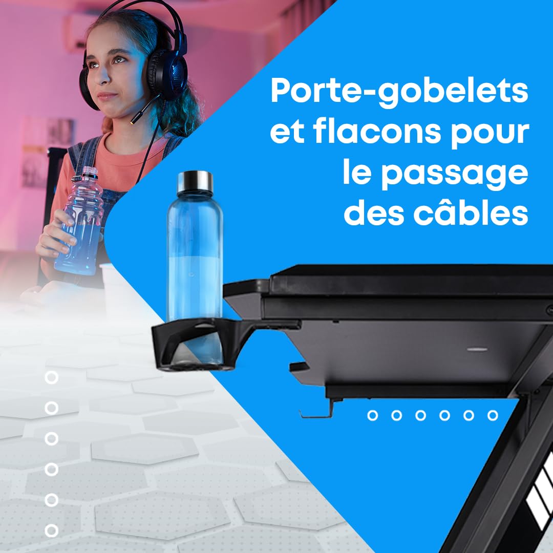 NK Bureau Gaming LED Ergonomique (120X60cm) - Porte-gobelets et Bouteilles, Support pour Casque, Gestion des Câbles, Bureau de Jeu, Plateau 1.5cm (Résistance) Poids Maximum Supporté 100kg - Blanc