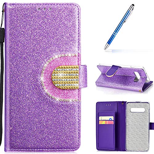 Robinsoni Case Compatible with Samsung Galaxy S10 Phone Case Wallet PU Leather Phone Cover Book Style Cover Kickstand Case Folio Flip Phone Cover Shockproof Heavy Duty Case Sparkle Bling Case Purple