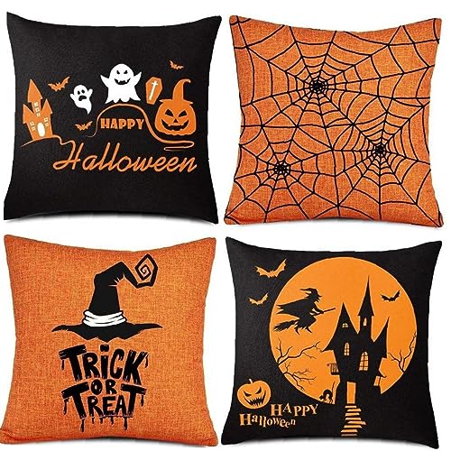 ハロウィンデコレーションクッションカバー 45x45cm ホームパーティデコレーションスロー枕カバー頭蓋骨カボチャプリントリネン枕カバー 4枚セット