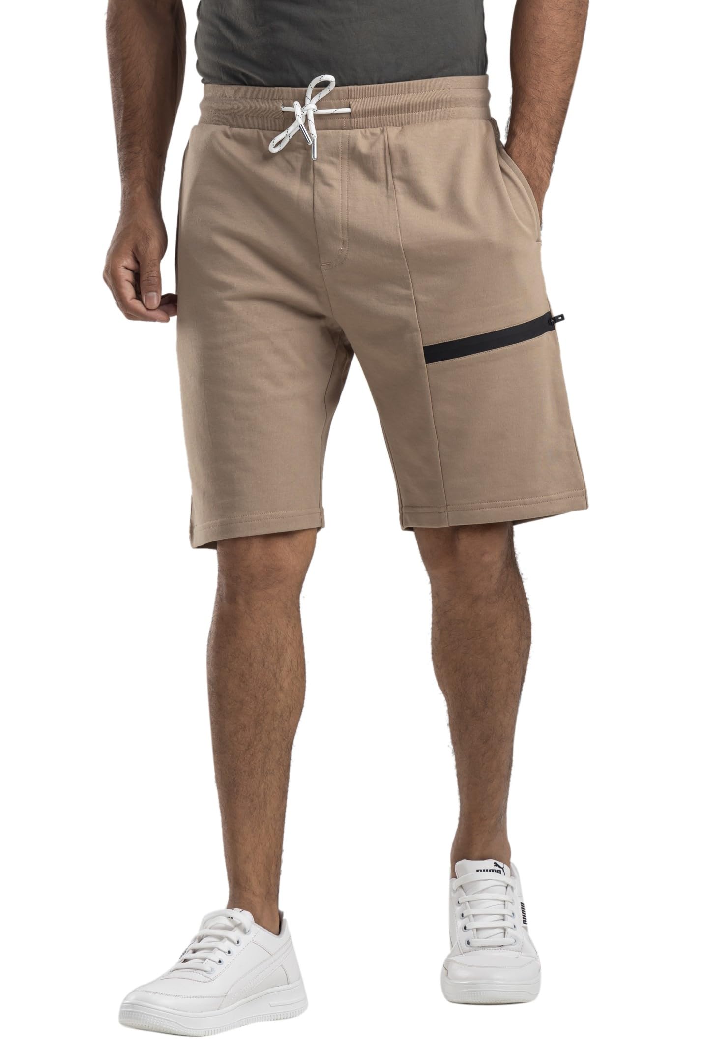 souped up fashion Pure Cotton Regular Fit Shorts with Pockets for Men | Knee length shorts with Comfortable Fabric for Summers | Serene Light Brown Men's Shorts-picture-37