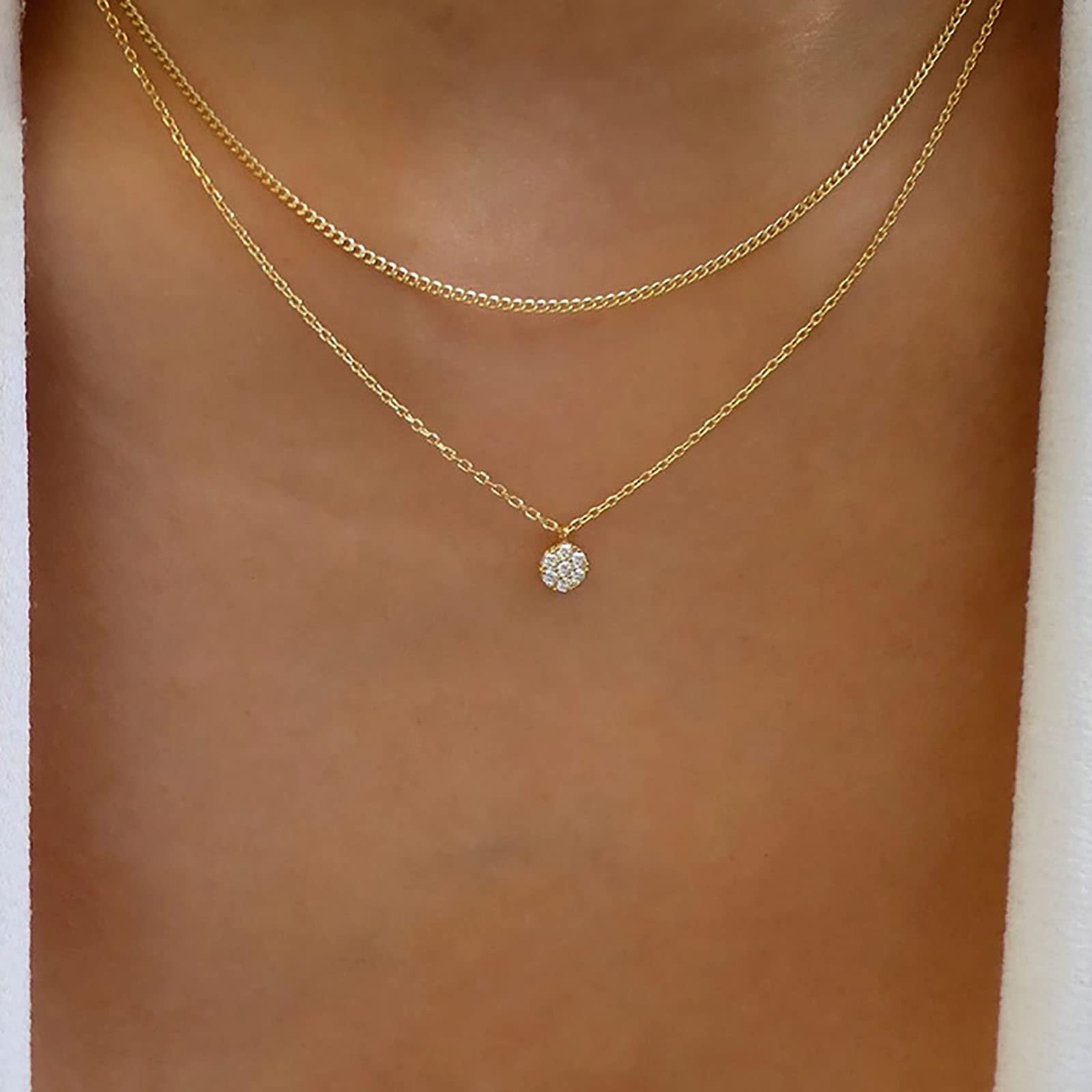 AtentuyiCapas De Circonio Cúbico Solitario Collar De Oro De Cristal Halo Collar Colgante Pequeño Collar De Cristal Cz Colgante Delicado Collar De Cadena Joyería Para Las Mujeres Y Las Niñas