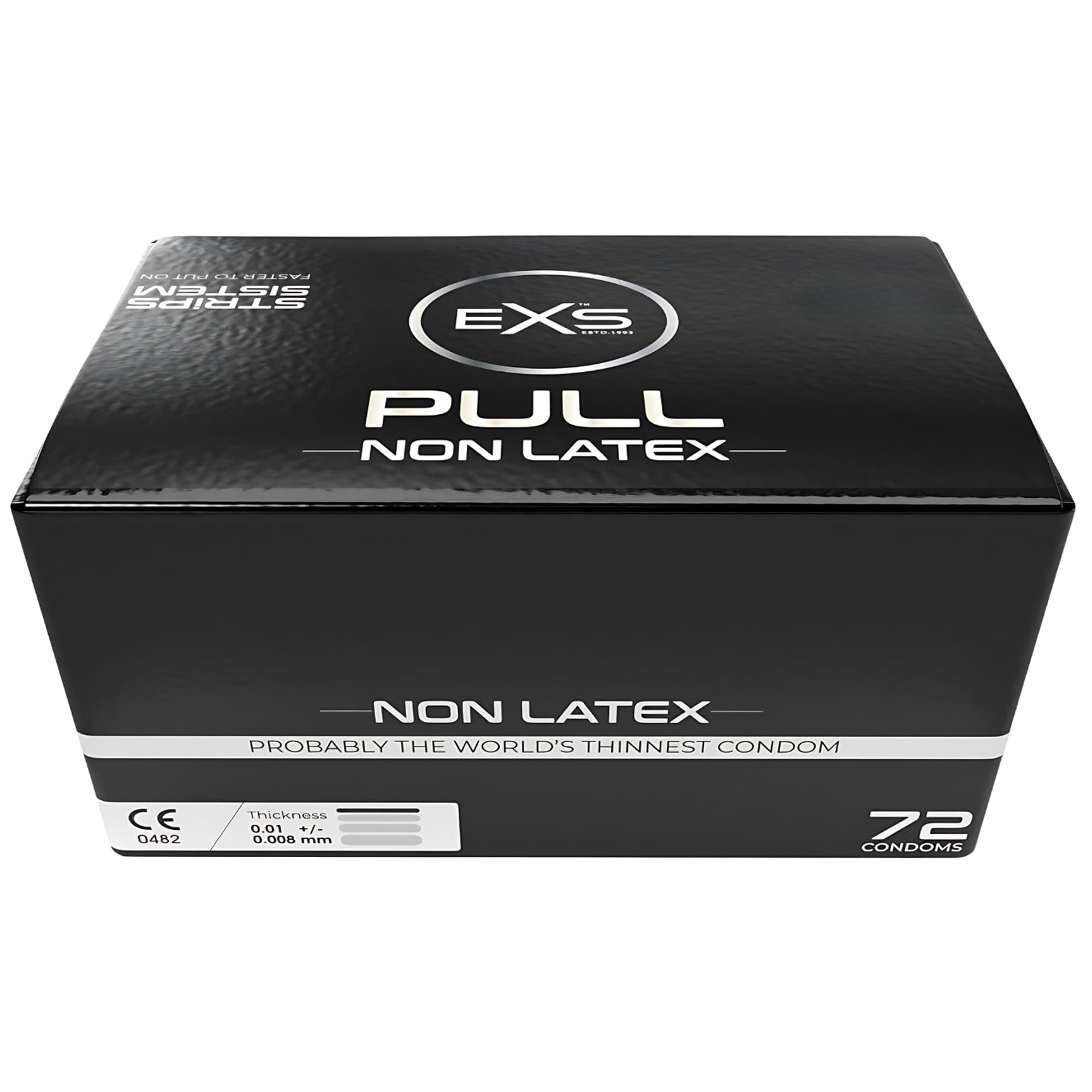 EXS Pull Non-Latex Condoms (72 Pack) Regular Fit, Non-Latex, Straight-Walled with Teat, PETA-Approved Vegan Condom, 3 Year Life - CE Marked NHS Approved Male Condoms