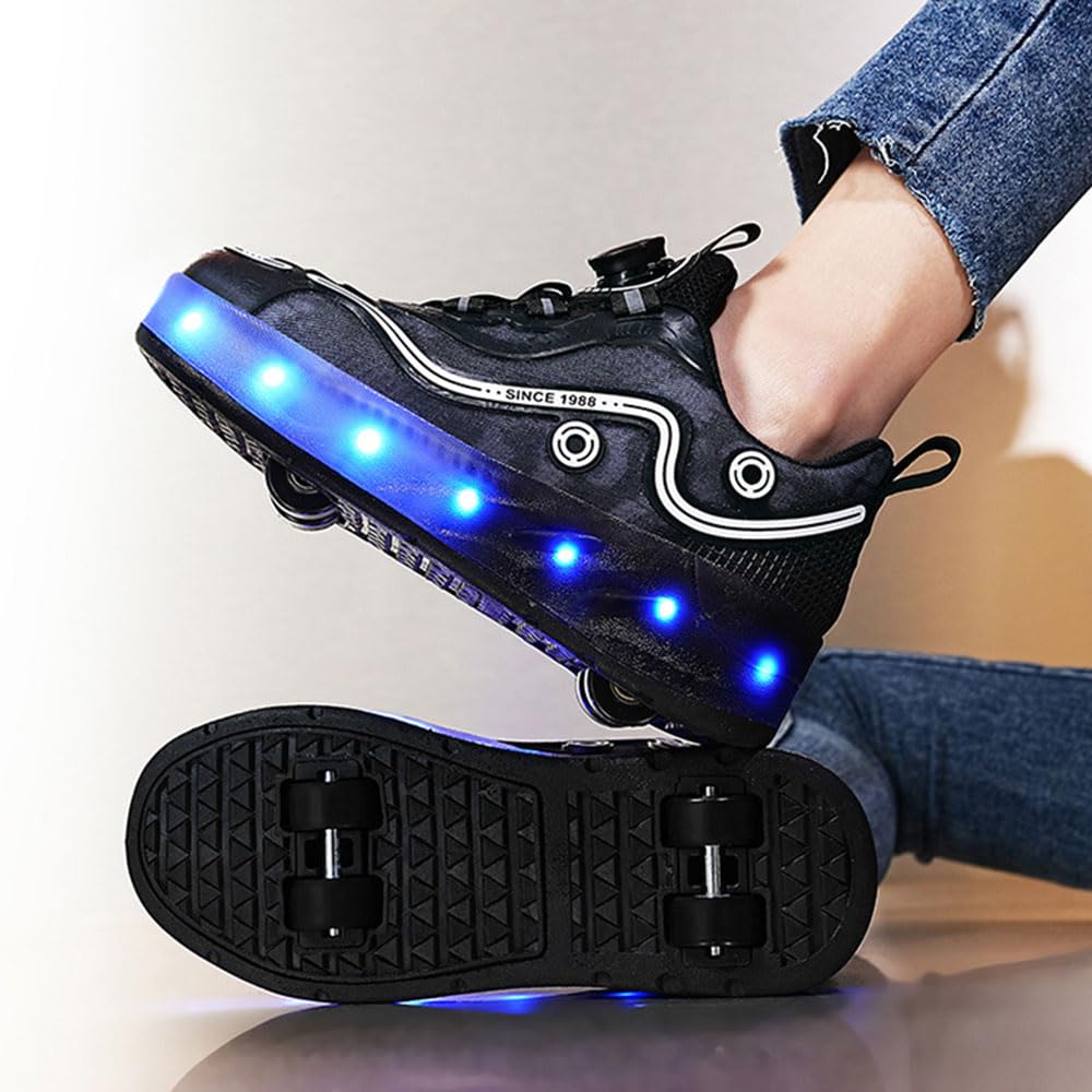 ENEN Chaussure à Roulette Lumière LED, Chaussures à Roulettes Rétractables Garçons Basket Roulette Enfant Fille, Roller 4 Roues Déformable Adolescents Intérieur Extérieur 30-40 EU