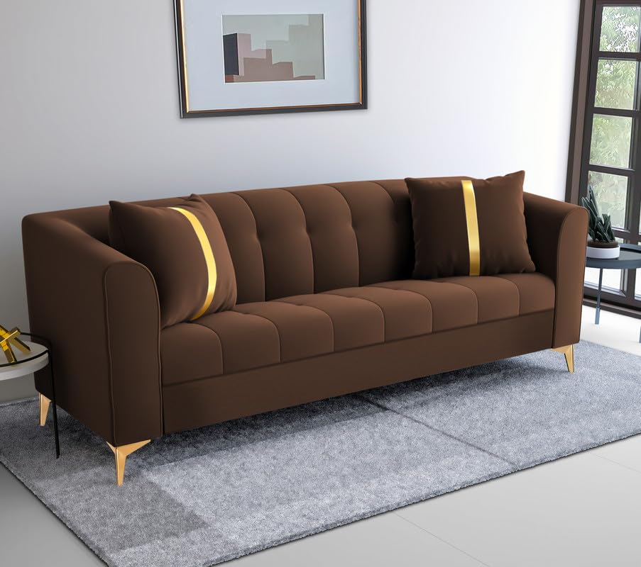 Image of Adorn India Premium Mystic - 3 Years Warranty - 3 Seater Sofa Velvet Suede Fabric - Brown