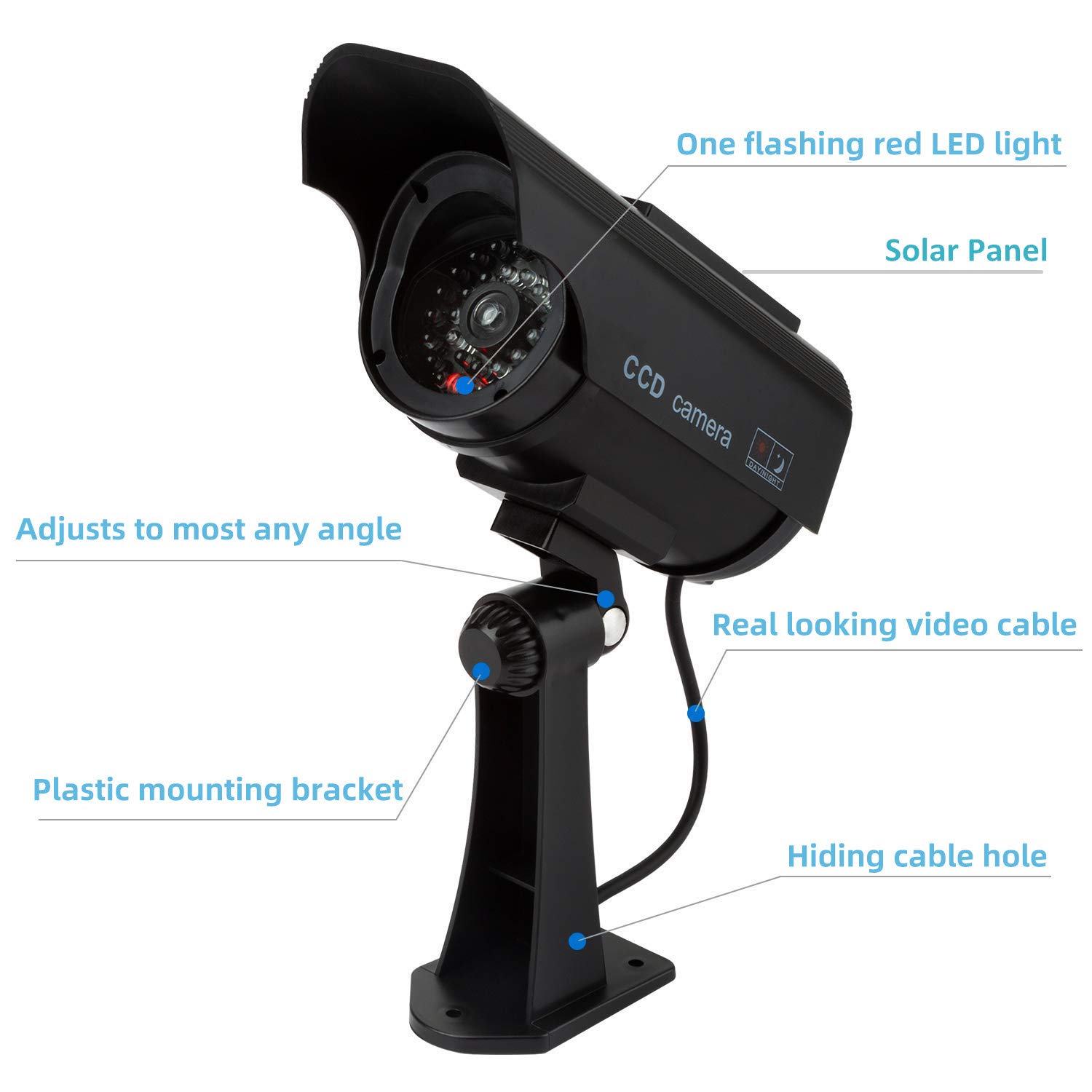 Dummy cámara de Seguridad, Sistema de vigilancia CCTV Falso, con Luces Intermitentes Rojas realistas y Adhesivo de Advertencia para Interior y Exterior (1, Negro)