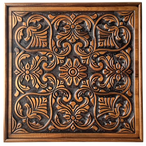 Bandeja otomana grande grabada de 61 x 61 cm con asas y alfombrilla protectora antideslizante. Bandeja decorativa otomana para servir, color negro y marrón, corazones
