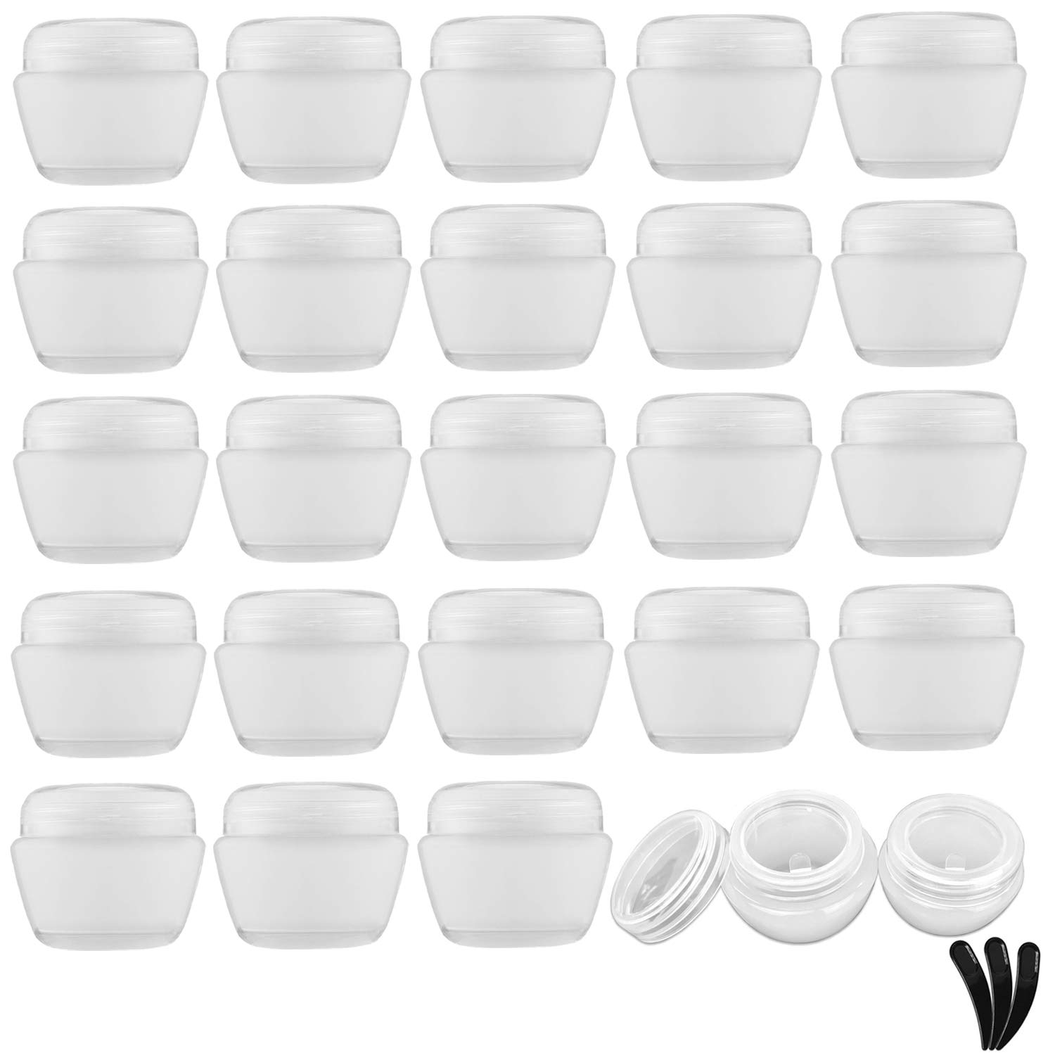 Alledomain 25 Pieces 5ml / 5g Empty Clear Cosmetic Pots with 3 Mini Spatula, Plastic Refillable Travel Sample Container Jars with Lids and Inner Liners for Makeup Creams Lotions Beauty Nail