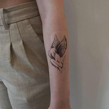Small Cute Temporary Tattoo Sticker Set of 2 - Sketch Black Dark Angel Designs for Hand Neck Face Wrist, Waterproof Fake Body Art, Simple & Modern Unisex Skin Decals