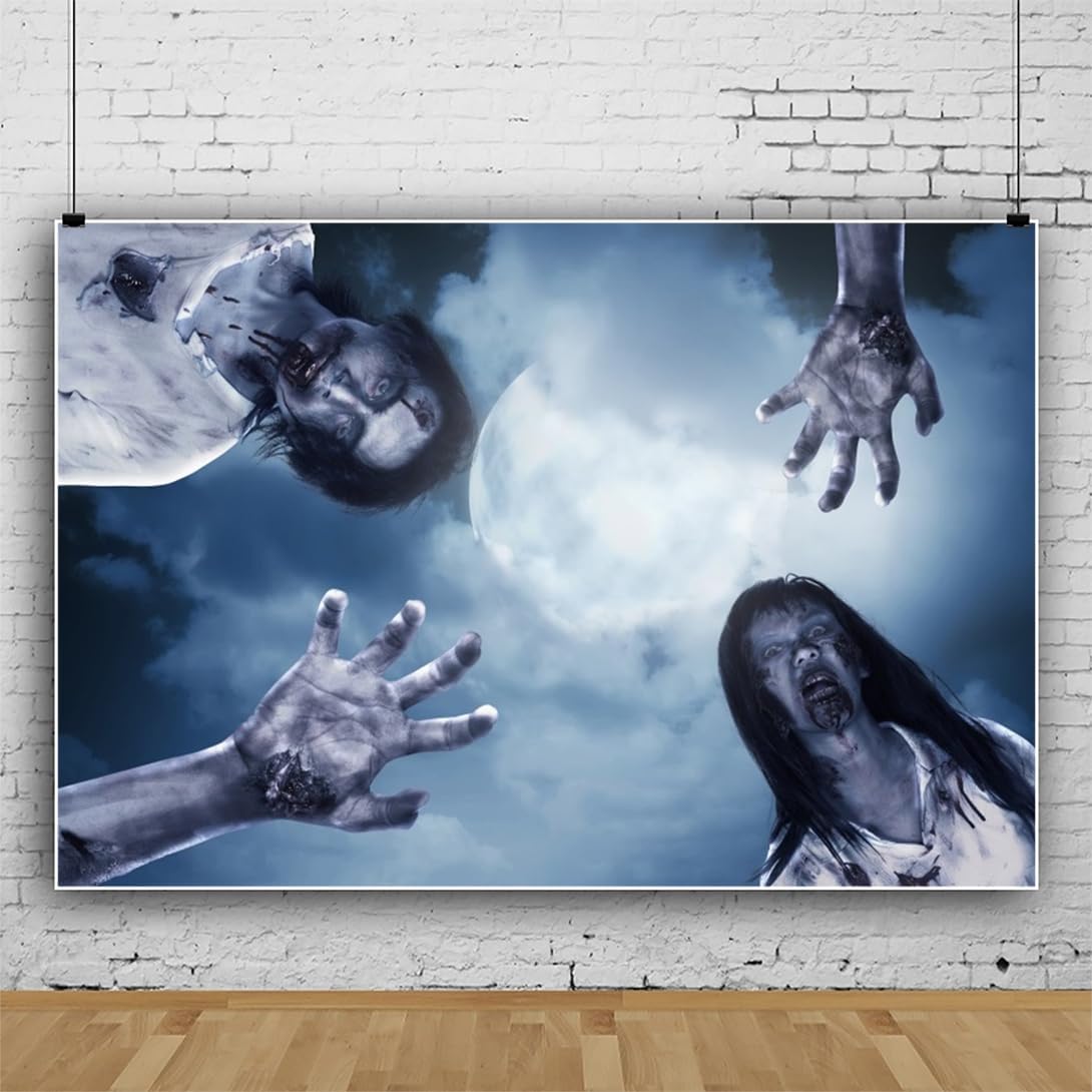 Renaiss 7x5ft Zombie Halloween Backdrop Walking Scary Dead Ceiling Skylight Decoration Gloomy Moon Night Undeath Zombie Hand Photography Background Ghost Halloween Party Decors Photo Booth Props