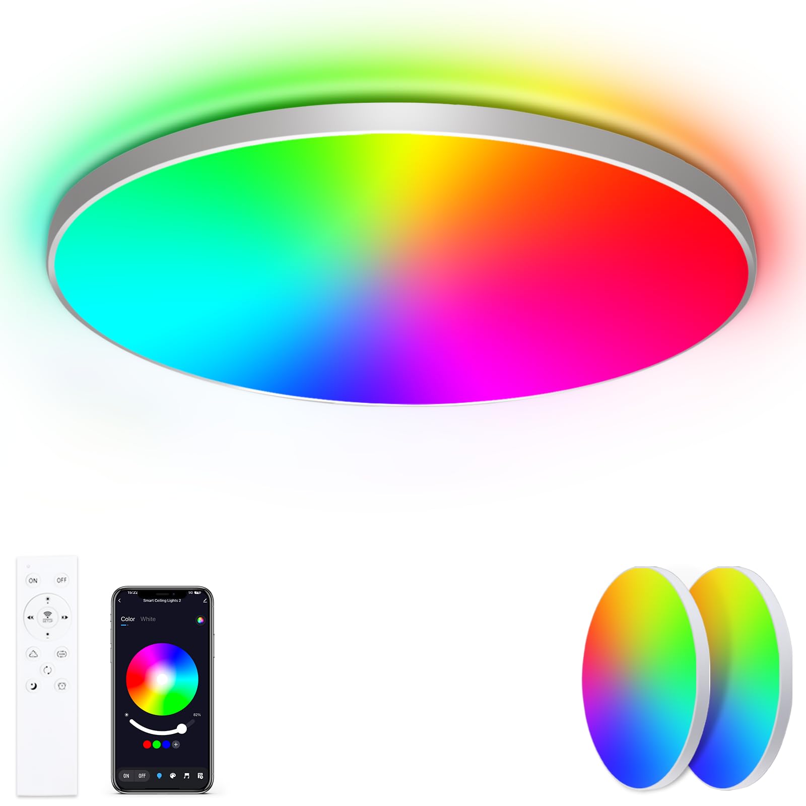 Led Deckenlampe Dimmbar mit Fernbedienung, [2 Stücke] 24W 16 Millionen RGB Farbwechsel Smart led Deckenleuchte Steuerbar via App, 2400LM Deckenbeleuchtung Ø30CM Lampe für Wohnzimmer Schlafzimmer, Weiß