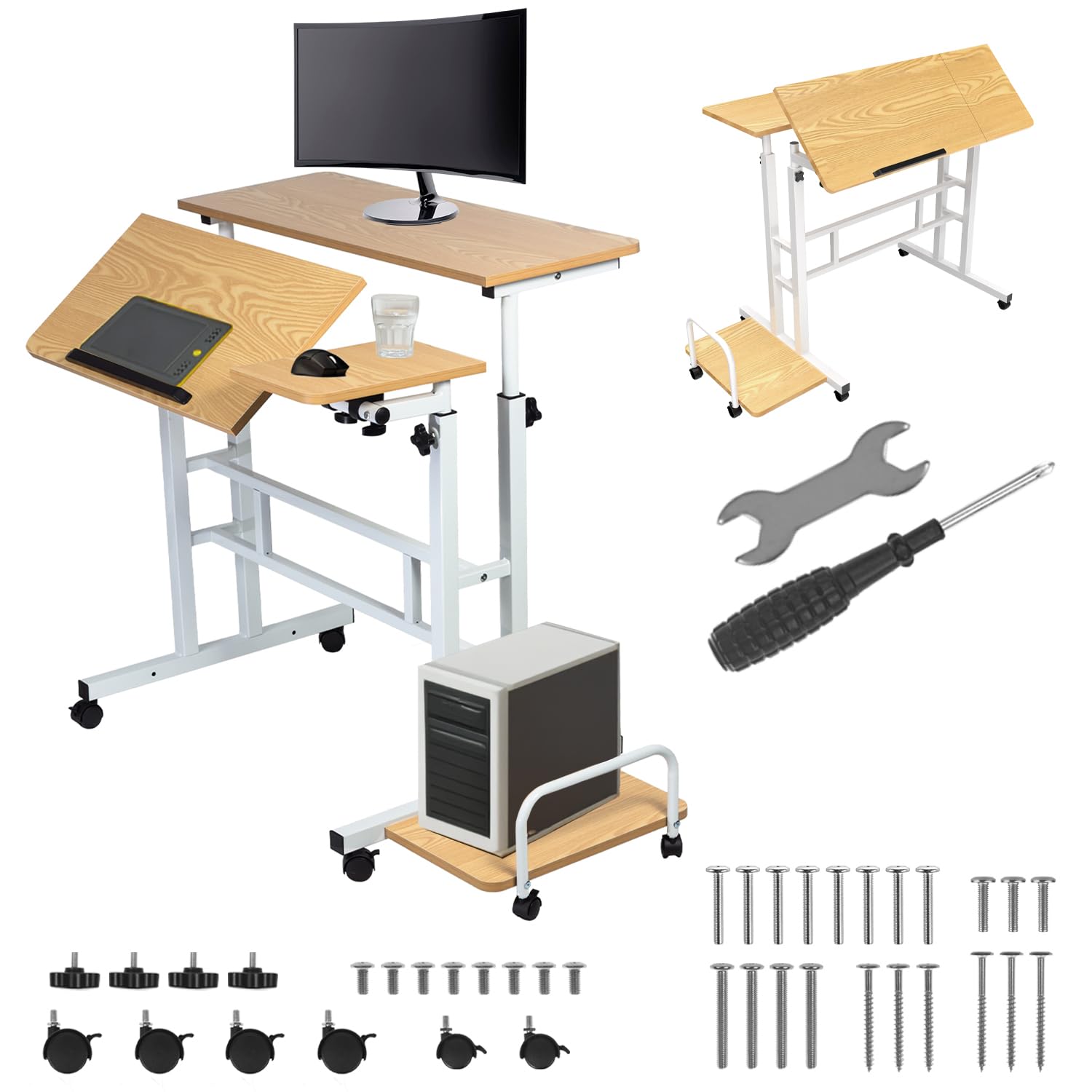 Maclean Regulowane biurko mobilne MC-124 na kółkach, uchylny blat 80x60 cm, regulowana wysokość 67-115 cm, nośność 50 kg, ergonomiczna półka boczna, do domu, biura, studia (Biały)