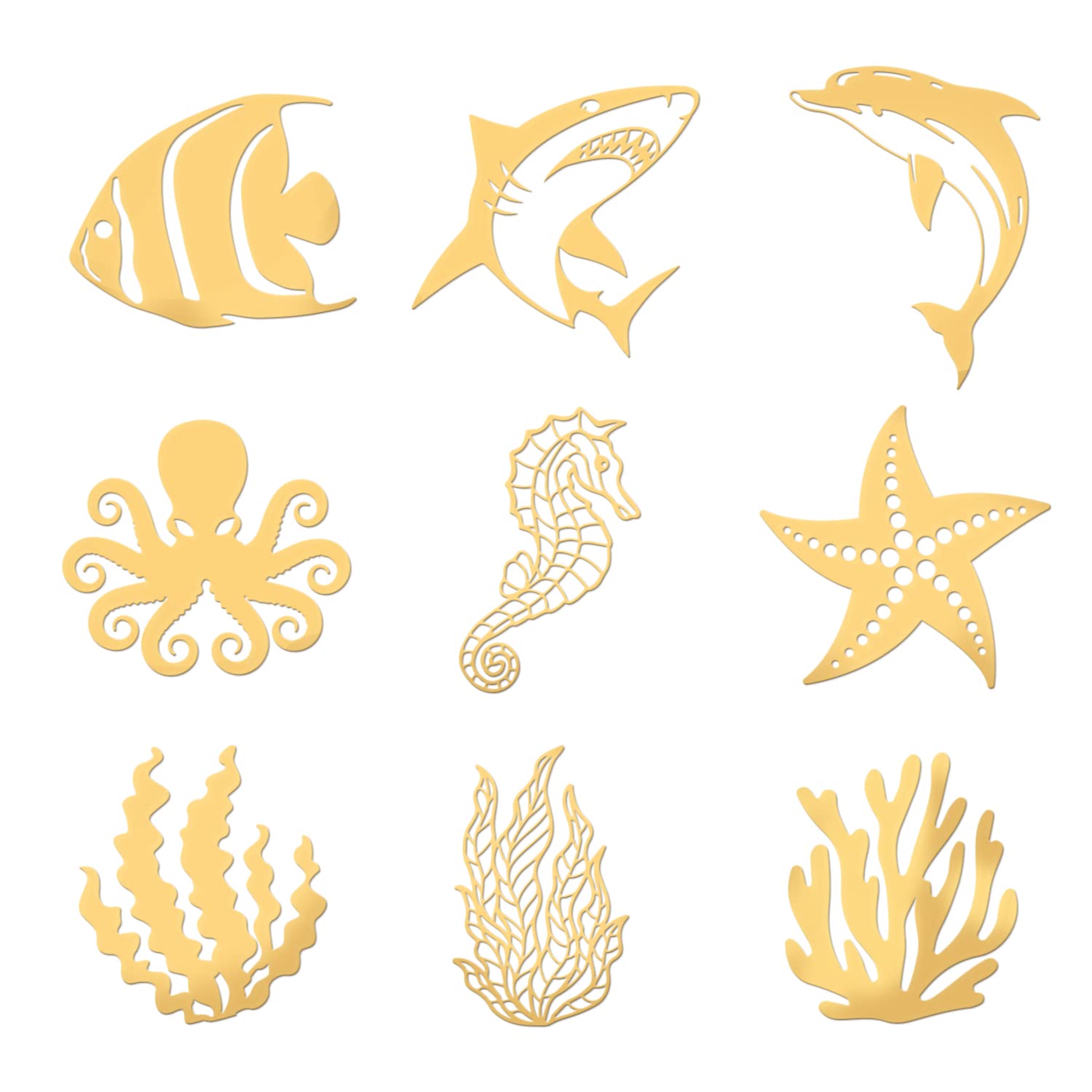 OLYCRAFT 9pcs Ocean Themed Pattern Stickers Self Adhesive Carbon Steel Stickers Golden Orgonite Stickers Resin Supplies Sticker for Scrapbooking Phone & Water Bottle Decoration 4x4cm/1.6x1.6 inch