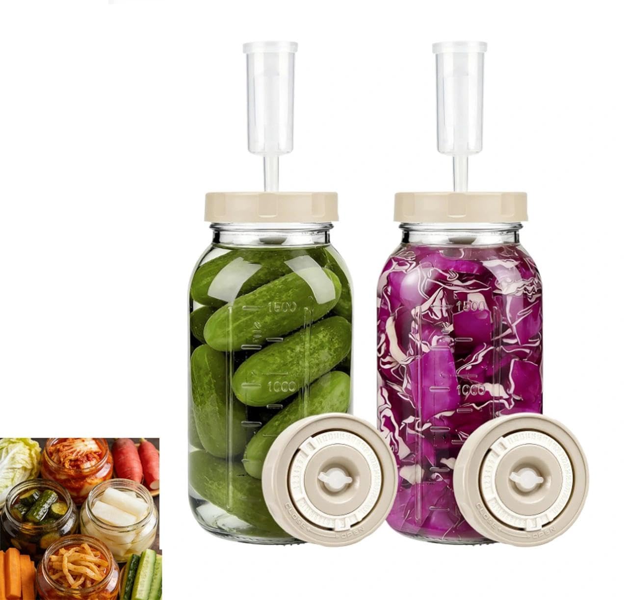 Barattolo per fermentazione, contenitore per kimchi, confezione da 2 barattoli da 2L con chiusura per fermentazione e indicatore di data, per crauti, kimchi, sottaceti e starter per pasta