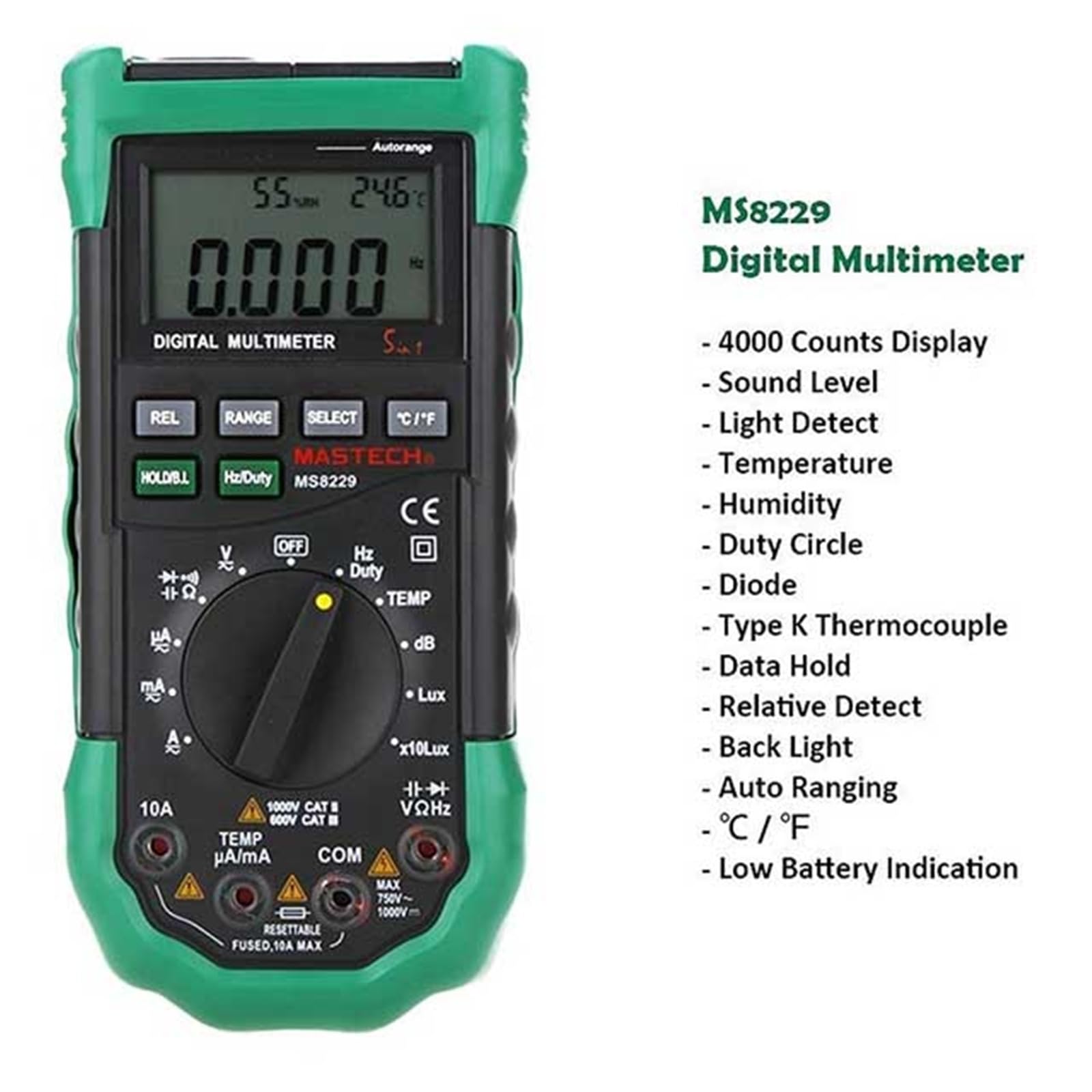 Multimetro digitale 5 in 1, tester auto-range per tensione AC DC, lux, livello sonoro, temperatura, umidità con display retroilluminato, ideale per riparazioni elettriche fai da te