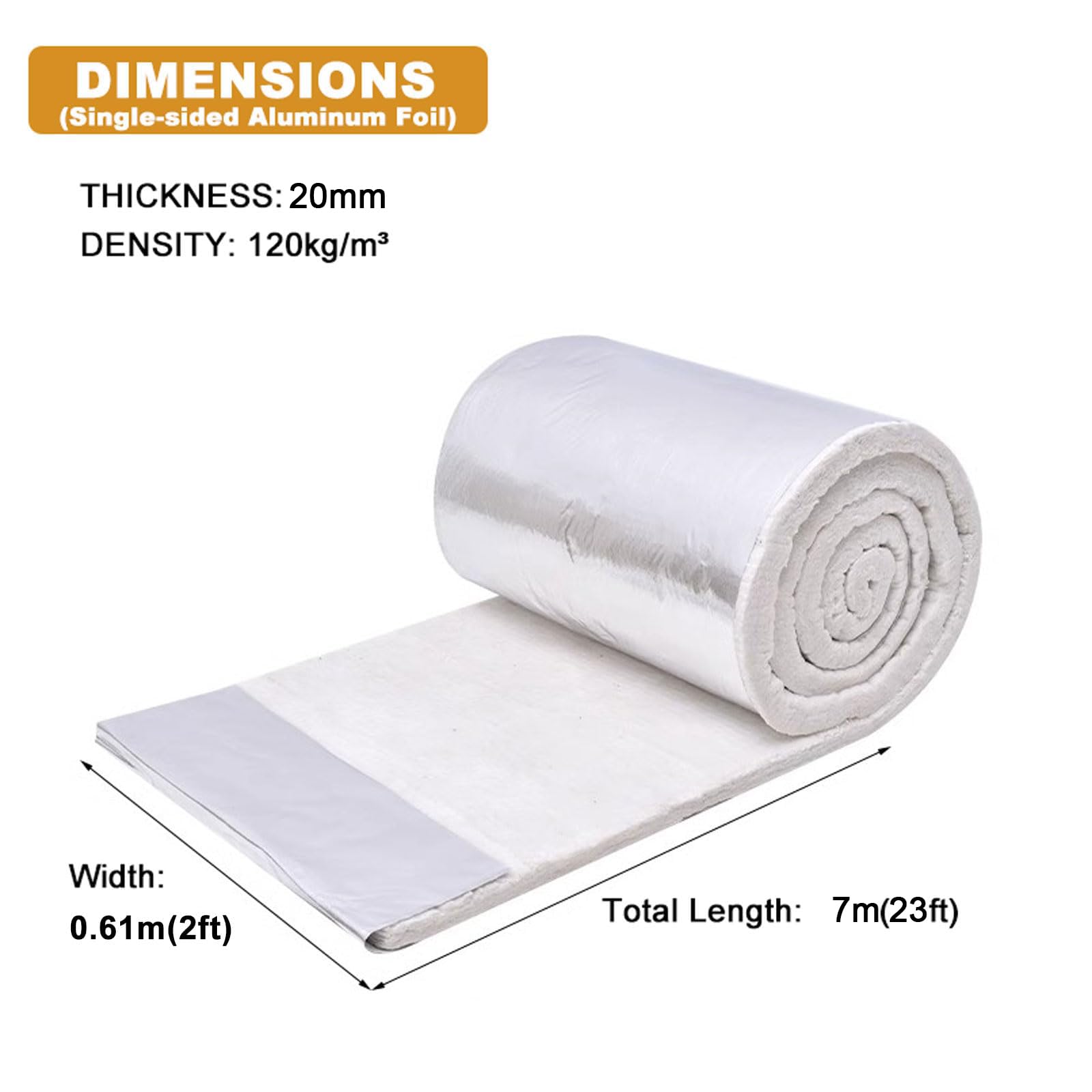 Couverture Isolante en Fibre de Céramique Tapis Isolant Ignifuge avec Feuille D'aluminium Simple Face pour Fours, Poêles,briques Réfractaires,chaudières (610mmx7000mmx20mm)