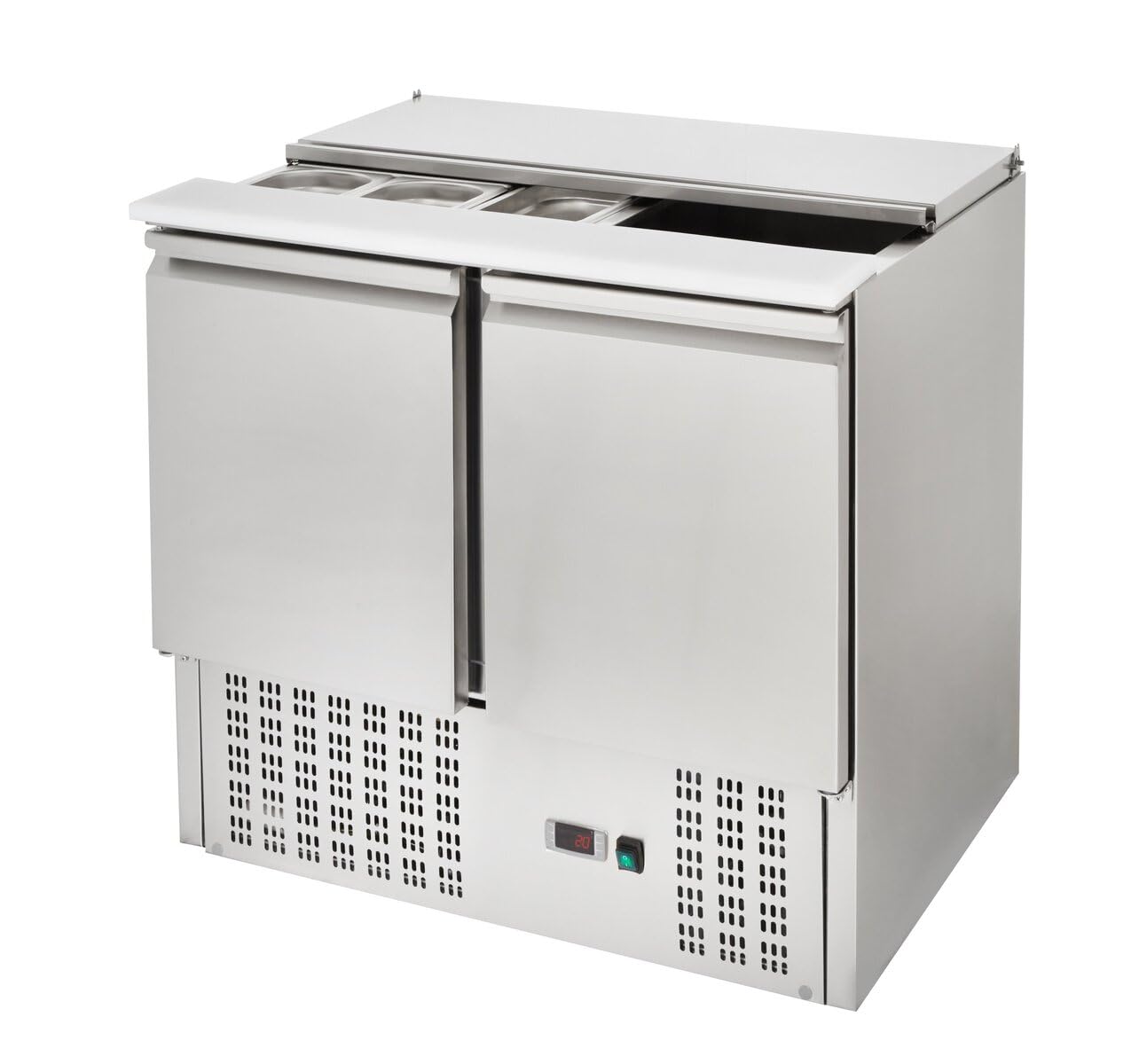 GastroHero Saladette Gastro ECO 900 avec couvercle rabattable - 240 litres, 3kW/h, Place pour 2 récipients 1/1 GN, Réfrigération statique | CHR Fournitures de la restauration