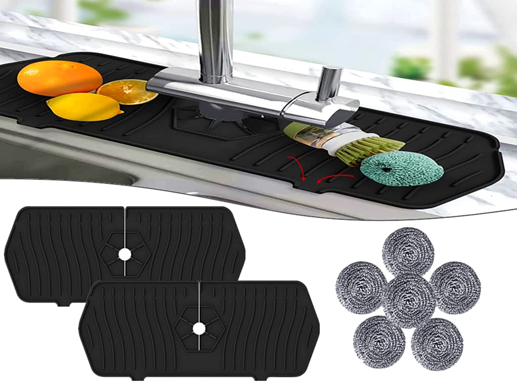 Anlising Silicone Tap Mat, 2 Pieces Silicone Tap Splash Guard, Drip Catcher Mat, Tap Absorbent Silicone Mats, Send 6 Stainless Steel Pot Scratchers, for Sink, Kitchen, Bathroom (Black)