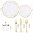 bUCLA 600Pcs White and Gold Plastic Plates - Gold Disposable Dinnerware Set for 100 Guests Include 100 Dinner & 100 Dessert Plates, 100 Cups, 100 Forks, 100 Spoons, 100 Knives for Party