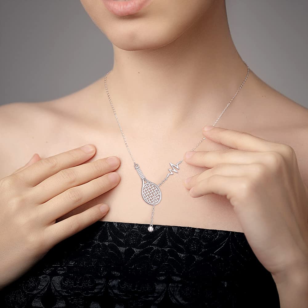 Collar de plata de ley con cadena de tenis, raqueta de tenis y bola colgante de latido del corazón de la joyería deportiva de tenis regalos para las niñas amantes