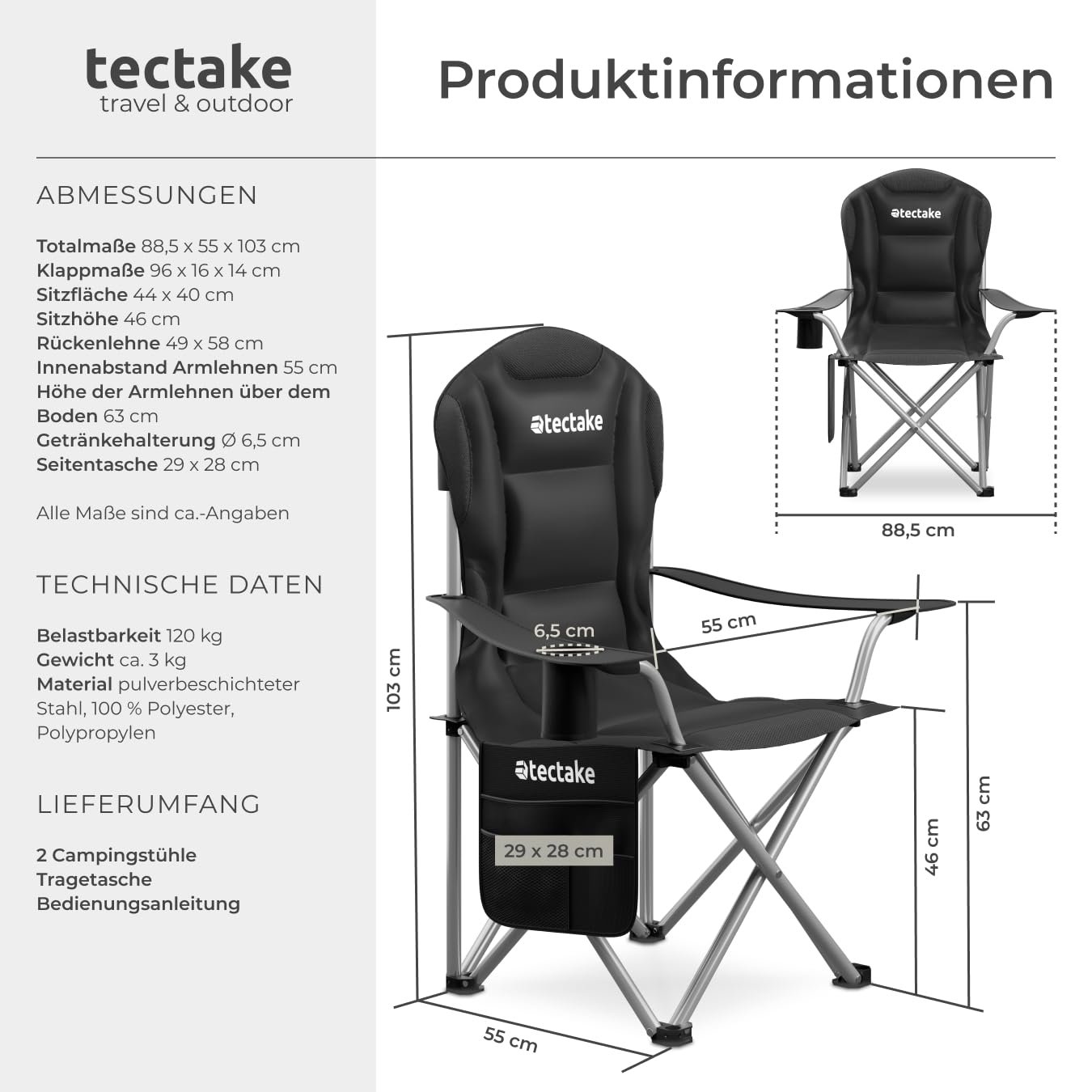 tectake® Campingstuhl faltbar, Stuhl mit Armlehne, Gartenstuhl klappbar, Klappstuhl Camping Gadgets oder Angelzubehör, Outdoor Sessel mit Getränkehalter für Campingküche, als Balkonstuhl