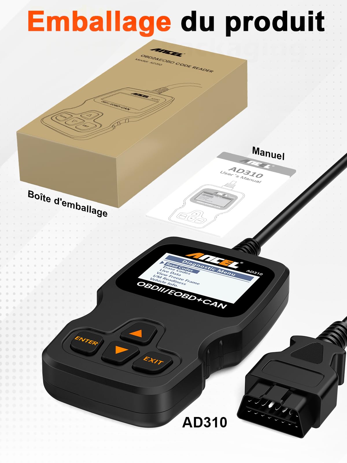 Ancel AD310 Valise Diagnostic Auto Multimarque, Universel OBD2 Diagnostic Voiture Français, Lecteur de Code d'erreur de Moteur, Valise Effacer Defaut Voiture pour BMW Peugeot VW Véhicules après 2000