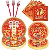 Rakuto Chinese New Year Party Plates Napkins Tableware Set, Lunar New Year Decorations 2025 Year of the Snake Plates and Napkins Party Supplies, Disposable Dinner Paper Plates Serves 24
