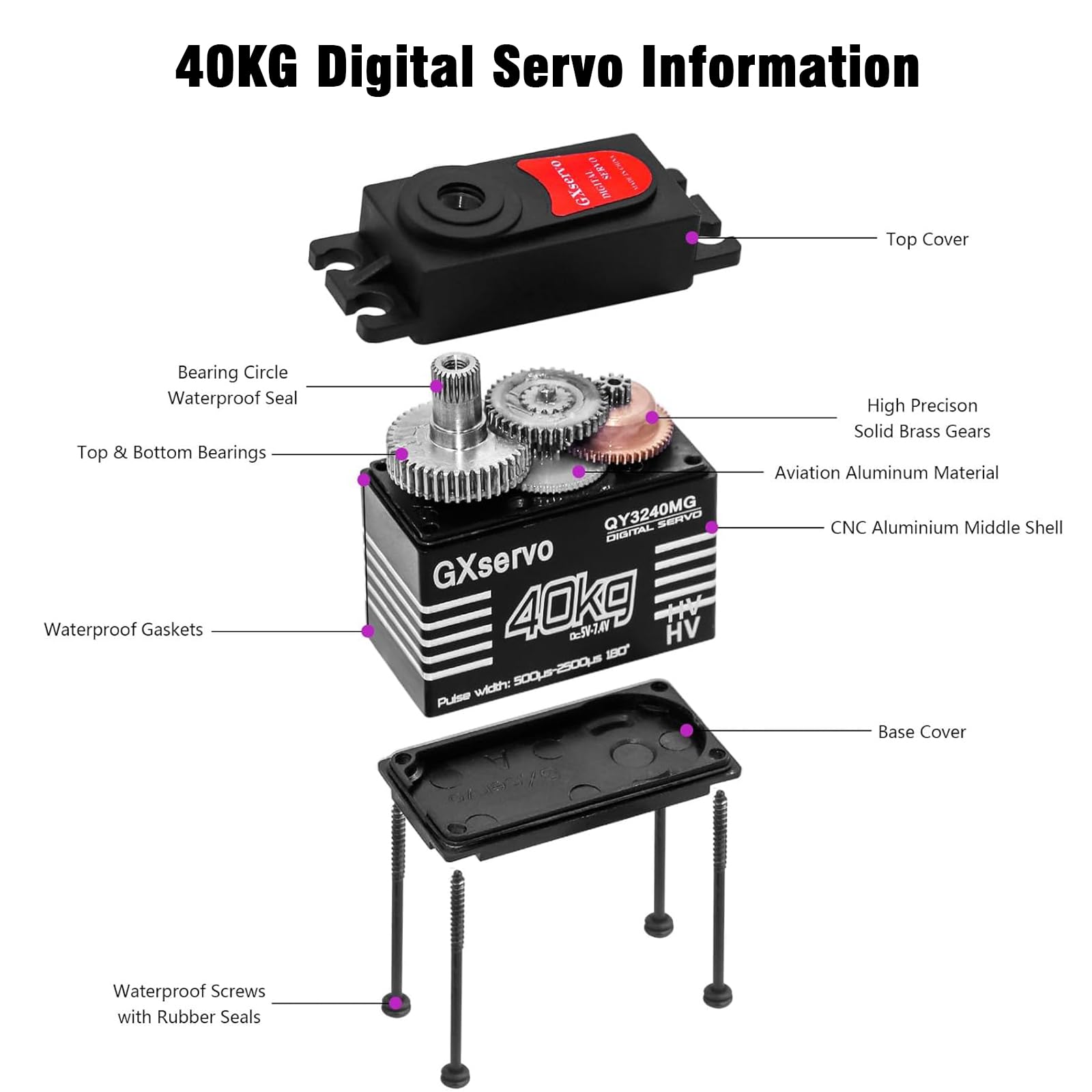 RC 40KG Motor Servo Binghe 2 Piezas 40KG Digital Servomotor Metal Servo Digital de Par Grande con Engranaje de Metal Servomotor para 1/8 1/10 RC Car Helicóptero Robot Compatible con Arduino