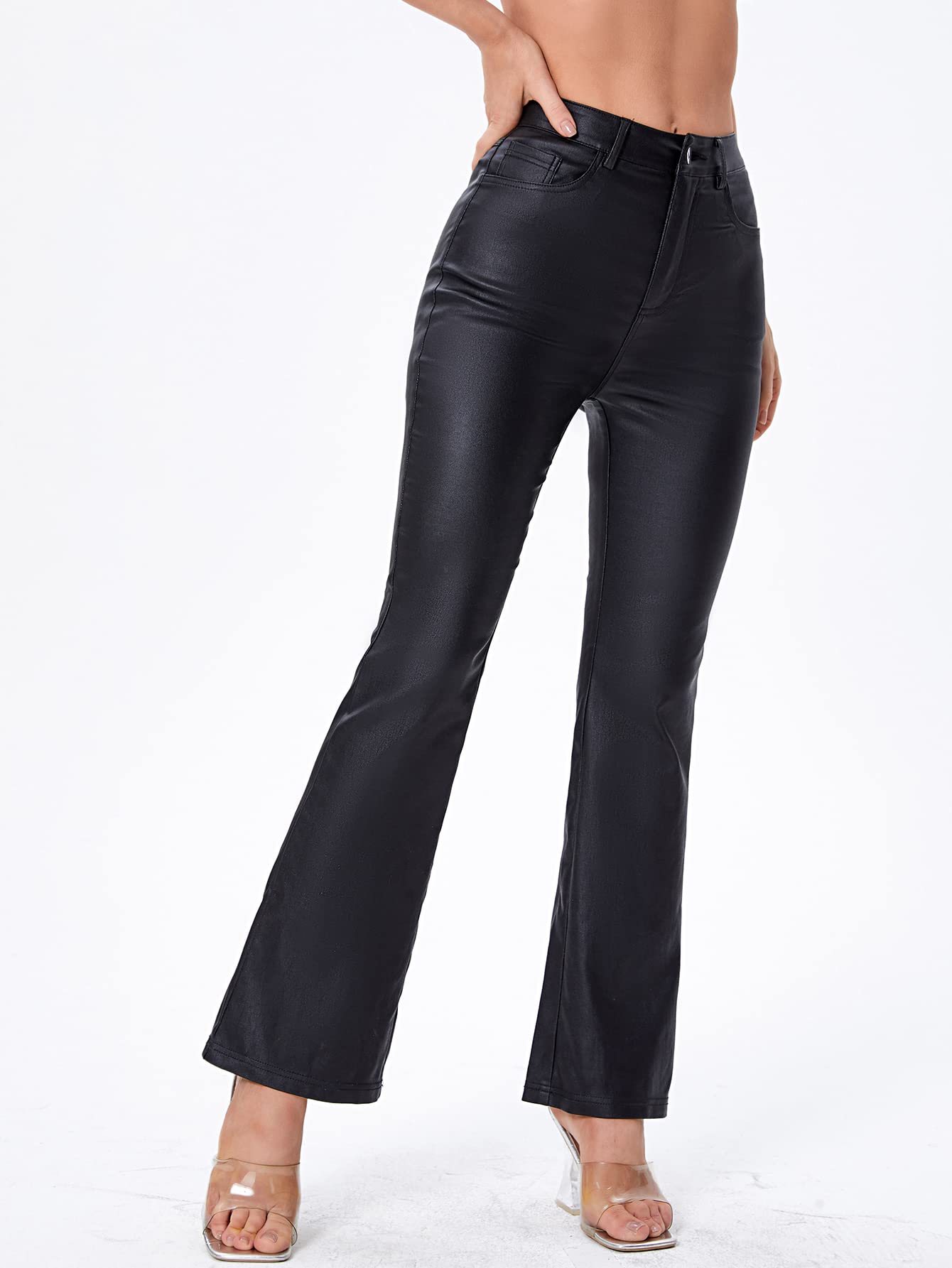 MakeMeChic Women's High Waist Pockets Straight Leg Jeans Leather Look Pants