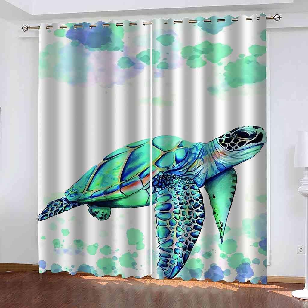 Modern Blackout Curtains with Eyelet 3D Printed Thermal Insulated Window Treatments Green Watercolor Tortoise Living Room Bedroom Window Drapes 2 Panel Set 72" X 108" (2XW66"xL90")