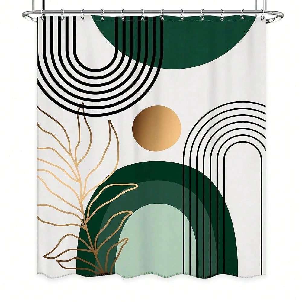 GLKSDLPO Chic Mid Century Abstract Shower Curtain For Bathroom, Boho Arch Sun Geometric Gold Leaves Minimalist Set Neutral Bath Curtain(220x200cm/87x79in(WxH)