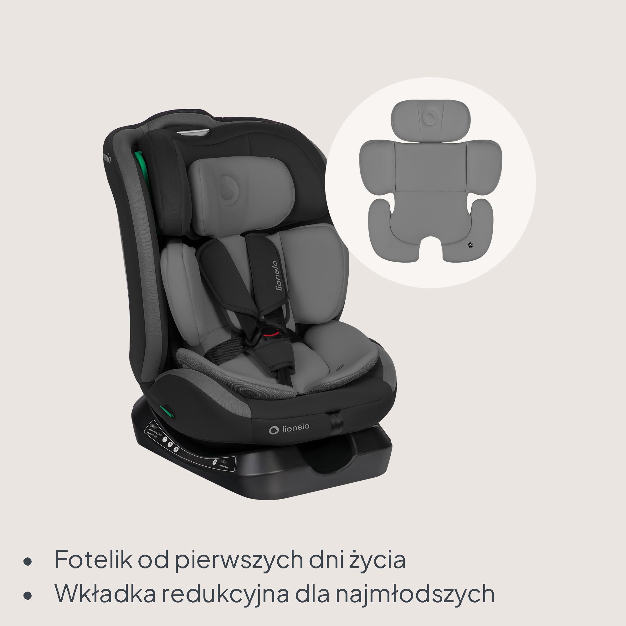 Lionelo Aart i-Size fotelik samochodowy dla dzieci, grupa 0/1/2/3, 40-150 cm, 0-12 lat, uniwersalny montaż na pasku, regulowany zagłówek z pianki memory, oparcie wsteczne i przednie, zdejmowany