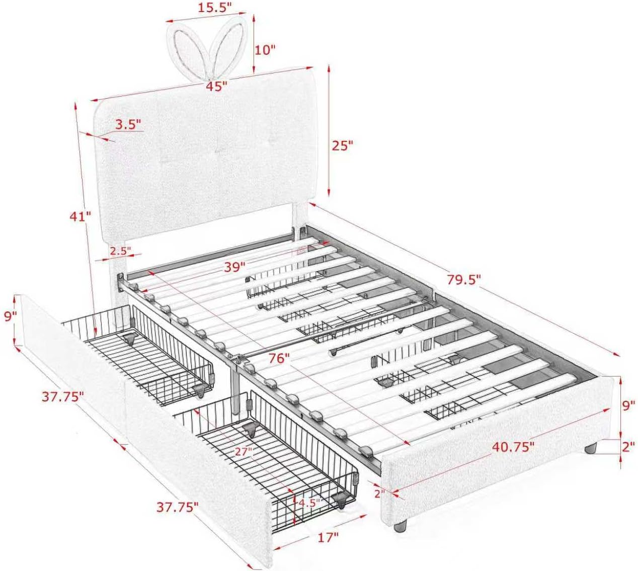Twin Size Platform Bed Frame, Upholstered Bed Frame with Rabbit Ear Headboard, Boucle Montessori Beds with LED Lights & Bluetooth Music, for Bedroom, Apartment, Easy Assembly, Beige