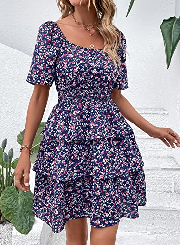Image of PRETTYGARDEN Women's Summer Floral Ruffle Short Dress | Short Sleeve Square Neck, Flowy Tiered Hem, Fit and Flare, Flower Boho Dresses, Cute Beach Vacation Outfits, Fashion Clothing