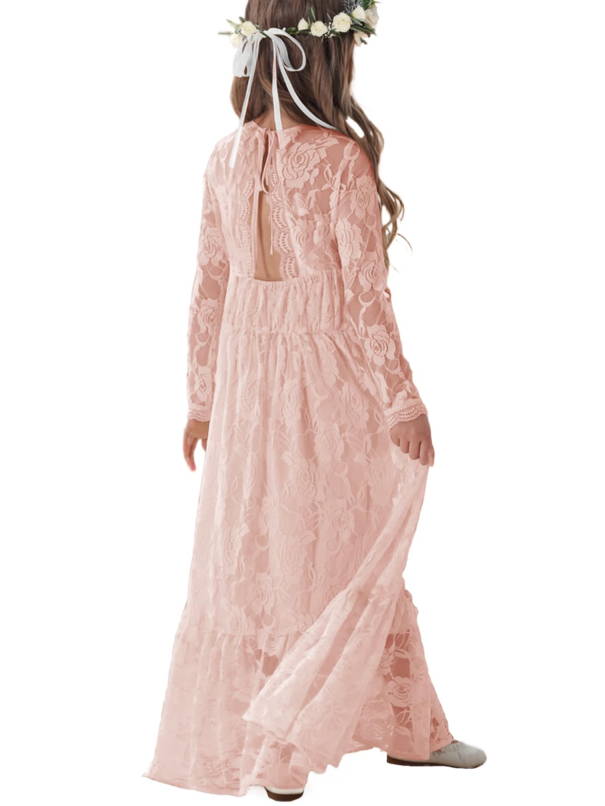 ALLOVIN Kleinkinder & Mädchen Oster Langarm Spitzen Blumenmädchen Kleid für Hochzeit Taufe Erstkommunion Maxi Boho A-Linie 3-12 Jahre