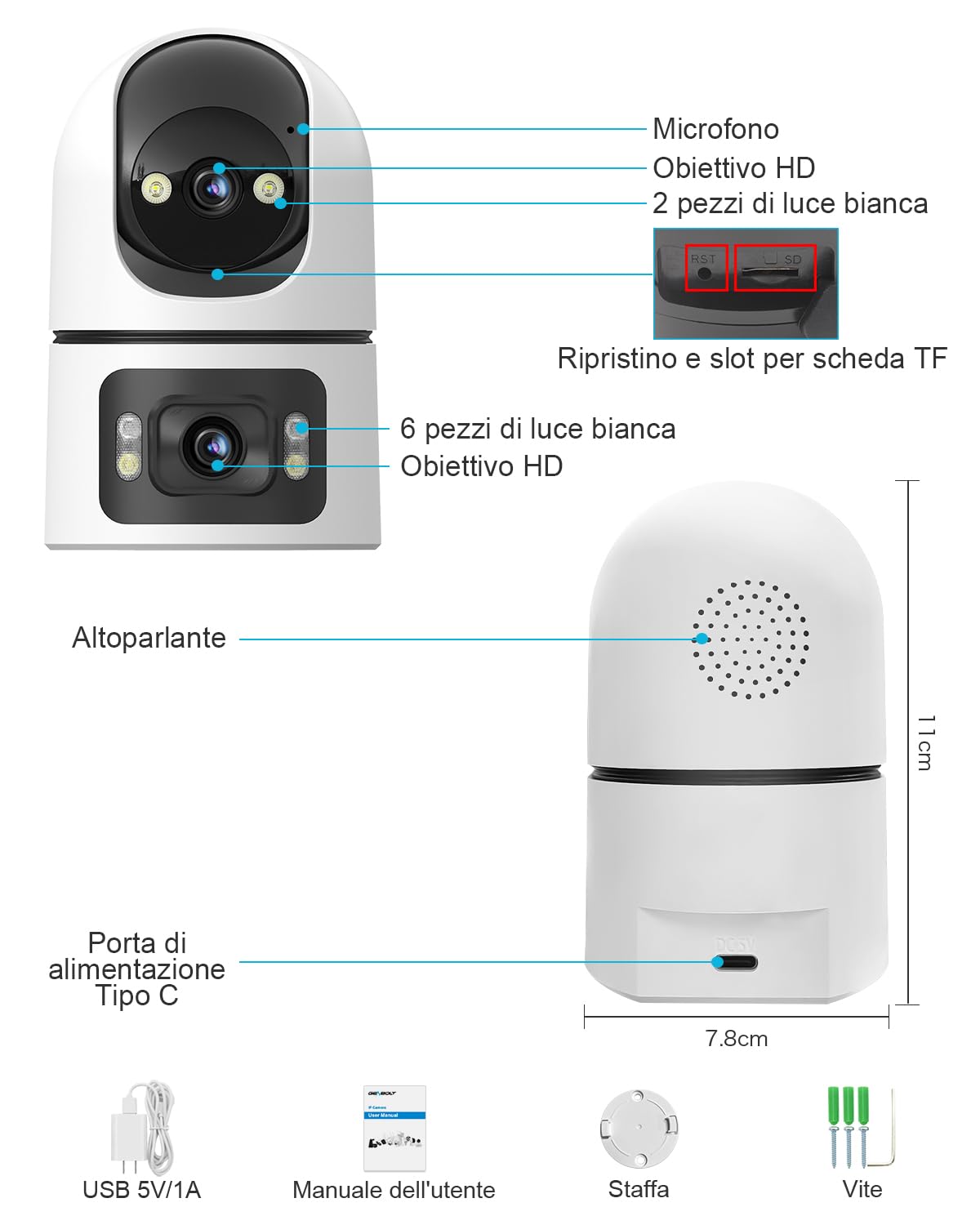 GENBOLT Telecamera di Sicurezza Wi-Fi Per Interni, Videocamera per neonati | 2MP+2MP, Vista a 360°, Rilevamento tramite IA, Baby Monitor, Audio bidirezionale, Tracciamento automatico, 2.4&5GHz