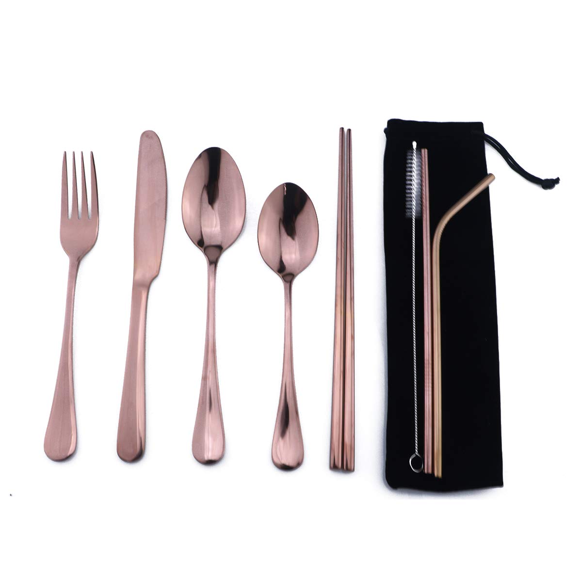 Gugrida Rose Gold Reusable Utensils with Case, Healthy & Eco-Friendly 8 Pieces Portable Stainless Steel Flatware Tableware Dinnerware Set, Portable Travel Camping Cutlery Knife Fork Spoon Straws Set