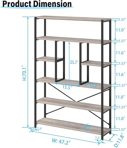 Miniatura 2 de LVB Estantería Industrial de 6 niveles, estantería grande y alta abierta rústica vintage, estantería de madera y metal moderna de granja para Roble