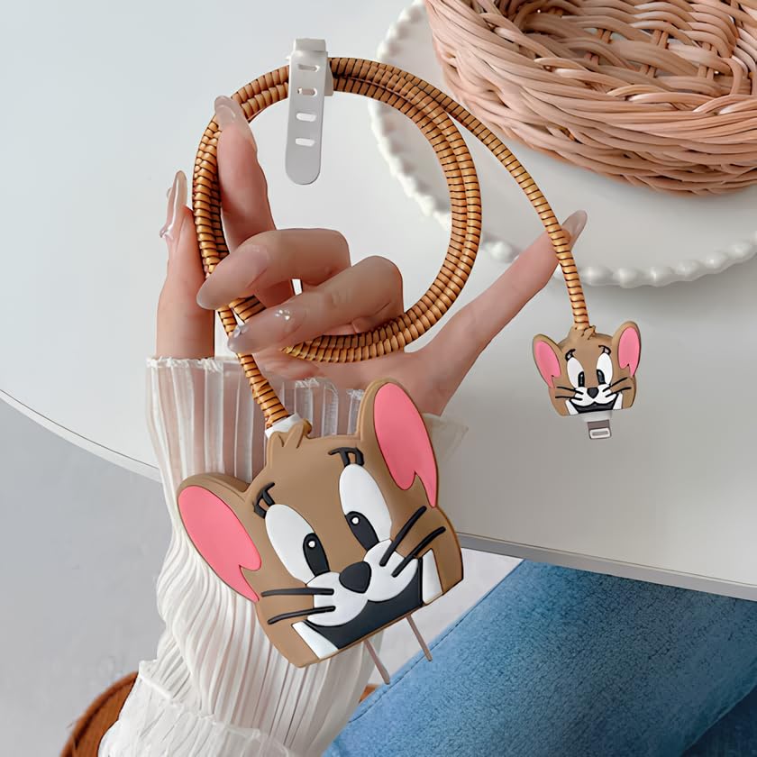 Image of Skysia 4-in-1 Charger & Cable Protector for iPhone 18W 20W - 3D Jerry Design, Cute Full Protection Cover with Data Line Saver & Wire Guard (Multicolored Brown)