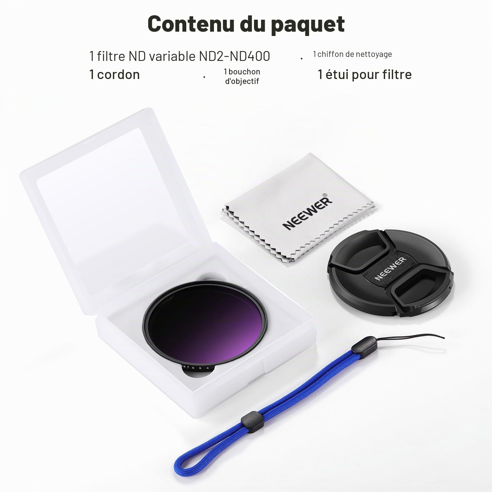 NEEWER Filtre ND Variable 67mm ND2-400 (1-9 Arrêts) avec Bouchon d'Objectif,Cordon,Chiffon,Réglage Précis de Densité Neutre,Verre Optique Multicouche Résistant aux Empreintes Digitales et aux Rayures