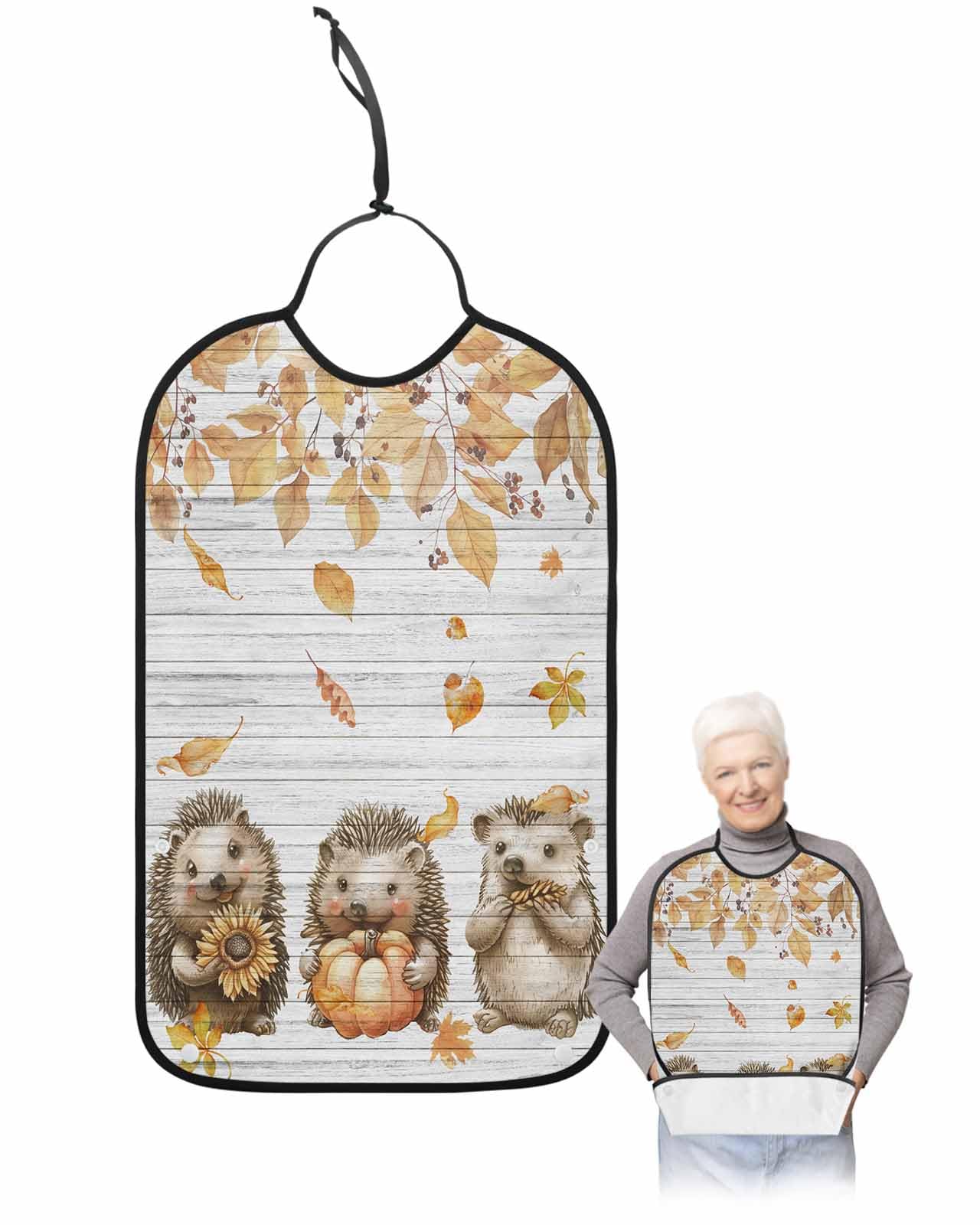 LEOKOTI Fall Hedgehog Adult Bibs for Eating, Waterproof Bibs with Food Catcher & Adjustable Snap Closure, Pumpkins Maple Leaf Vintage Washable Clothing Protectors Adult Bibs for Elderly Women/Men