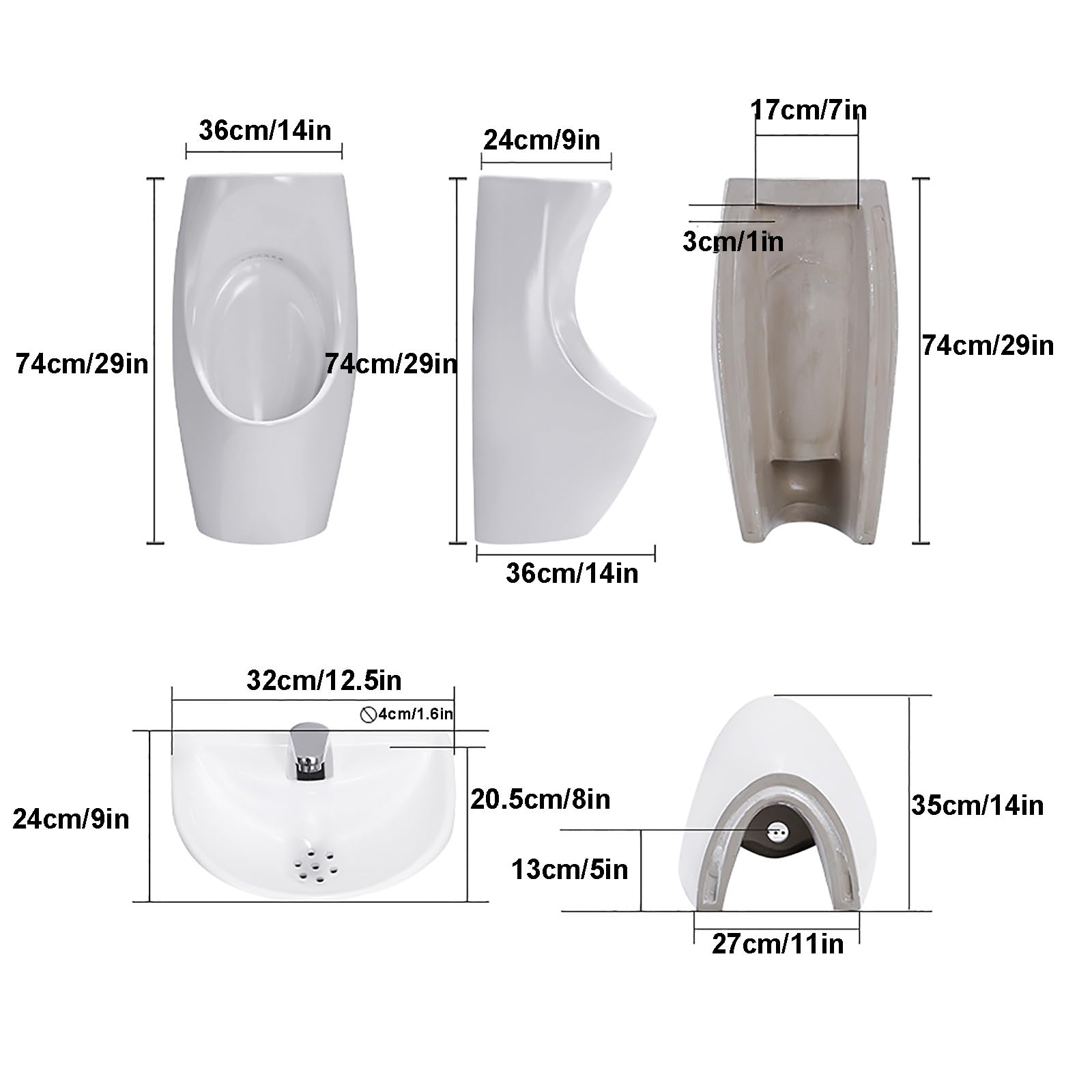 Slish Czarny porcelanowy pisuar męski z kranem i uchwytem ściennym - idealny do łazienki, KTV, baru, hotelu - trwały i stylowy do użytku domowego i komercyjnego