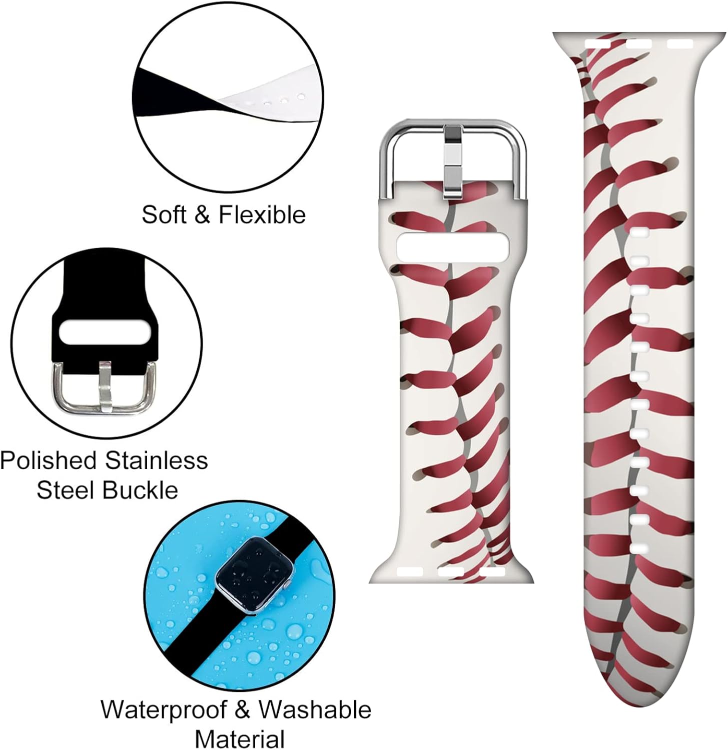 Compatible With Baseball Apple Watch 38/40/41/42/44/45/46/49mm For Women Men, Soft Silicone Horse Cat Dog Gifts Decorations Replacement Wristband Band For Iwatch Series 10 9 8 7 6 5 4 3 2 1 SE. - Image 3