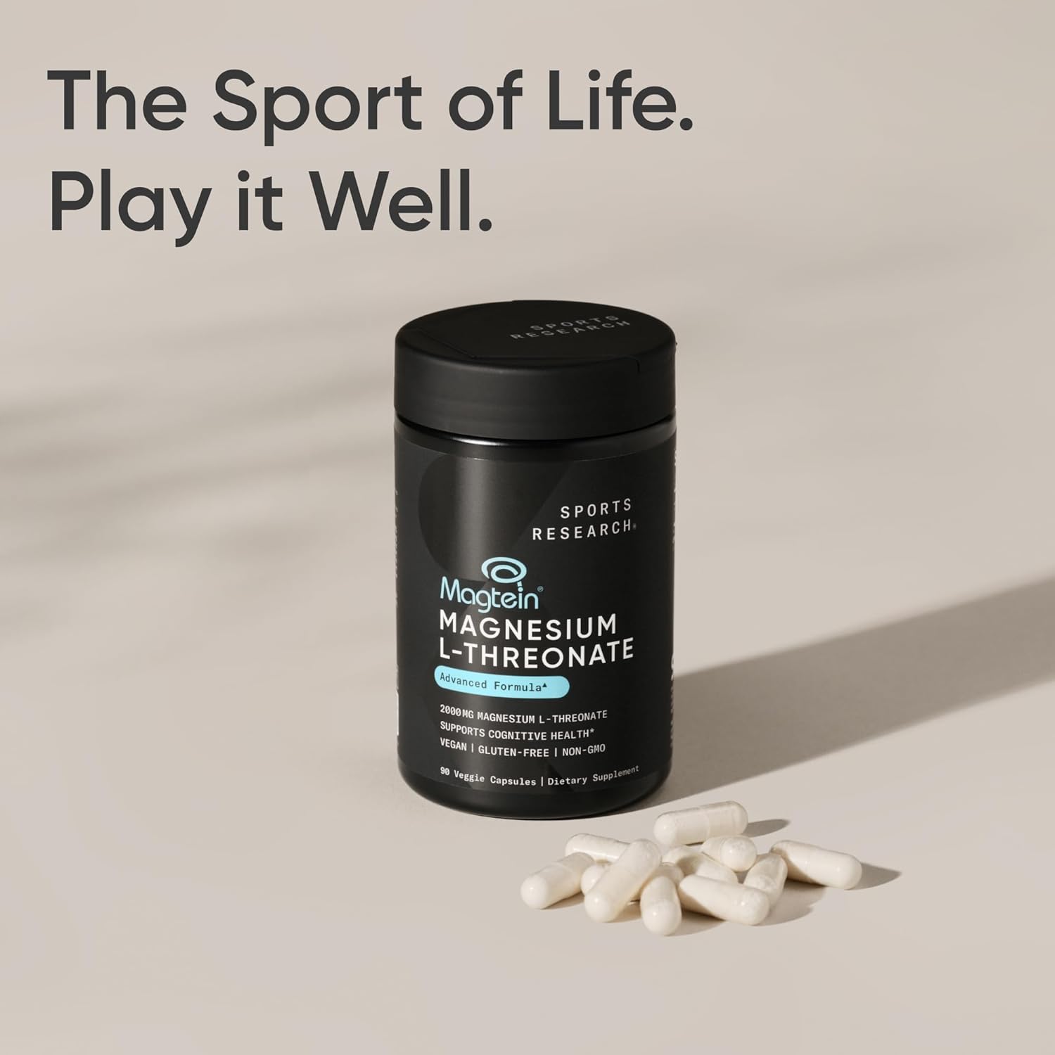 Sports Research® Magnesium L-Threonate Capsules 2000mg - High-Absorption Magtein® for Enhanced Brain Health, Memory, Focus & Restful Sleep Support - Vegan · Non-GMO · Gluten Free - 90 Count